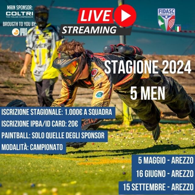 Slide in 2024 Paintball season:
- Campionato Italiano Fidasc 5 men
- Campionato Italiano Fidasc 3 men nord + Finale
- Campionato Italiano Fidasc 3 men centro/sud + Finale

Le squadre che parteciperanno al campionato 5 men si sfideranno in un girone unico in modalità campionato (play off e play out da definire in base al numero di squadre iscritte).
Le squadre che parteciperanno ai 3 men si affronteranno al contrario in modalità torneo (da definire se una o due divisioni in base al numero di squadre iscritte).

La squadra che avrà collezionato il maggior numero di punti in classifica (3 vincendo, 1 pareggiando 0 perdendo), il 15 settembre di quest'anno si aggiudicherà il titolo di campione d'Italia 5 men.
Le migliori sedici squadre 3 men dei raggruppamenti nord e centro sud si daranno appuntamento a Roma per affrontarsi invece nella Finale 3 men. Solo lì, il 6 ottobre, sapremo quale sarà la squadra campione d'Italia 3 men!

Se non vuoi perdere l’emozione dei campionati Italiani potrai comunque seguire tutte le partite 5 men e 3 men nord in live streaming sul canale ufficiale di youtube IPBStreaming.

Non perdere l'occasione di giocare... o di vedere i più talentosi giocatori italiani in azione!

Iscrizioni:
Le iscrizioni stagionali ai campionati sono aperte fino al 1 marzo 2024 (dal 16 febbraio maggiorazione del 10%).

Le richieste di iscrizione possono essere effettuate direttamente su www.ipba.it da parte dei direttori sportivi delle società e saranno validate solo dopo emissione di ricevuta e pagamento.

Per ulteriori informazioni è possibile contattare l‘organizzazione all'indirizzo email info@ipbs.it